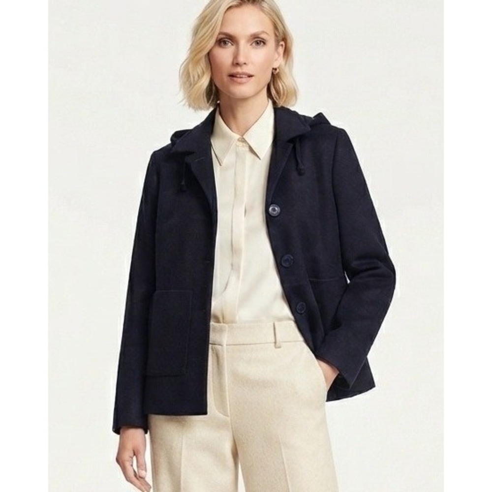 Ann Taylor Hooded Wool Blend Jacket Women Large Navy Button Front Coat EUC